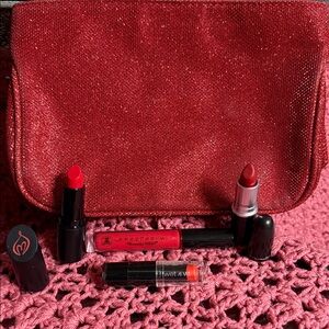 4 Red Lips Set with a red makeup bag